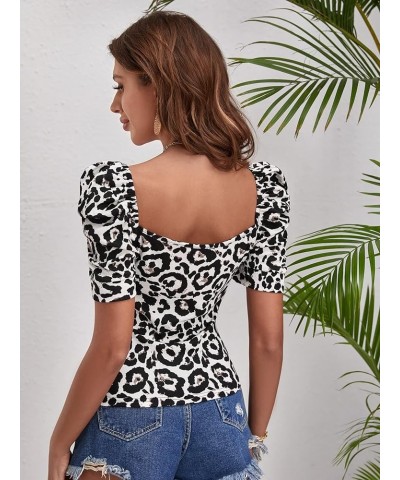 Women's Puff Sleeve Square Neck Short Sleeve Elegant Tee Top Black Leopard $14.83 T-Shirts