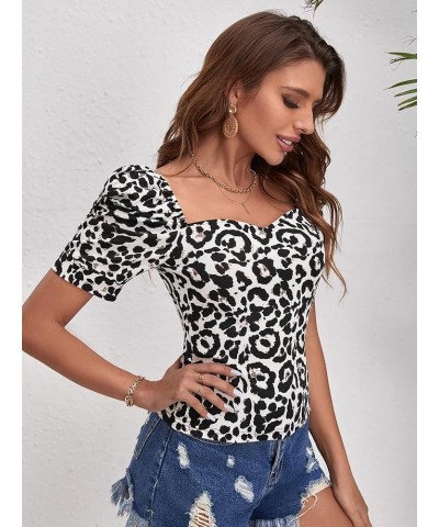 Women's Puff Sleeve Square Neck Short Sleeve Elegant Tee Top Black Leopard $14.83 T-Shirts