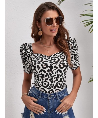 Women's Puff Sleeve Square Neck Short Sleeve Elegant Tee Top Black Leopard $14.83 T-Shirts