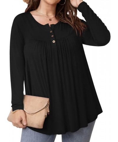 Women's Plus Size Tunic Tops Button Henley Casual T Shirts V Neck Short Sleeve Pleated Blouses Long Sleeve Black 01 $14.15 Tops