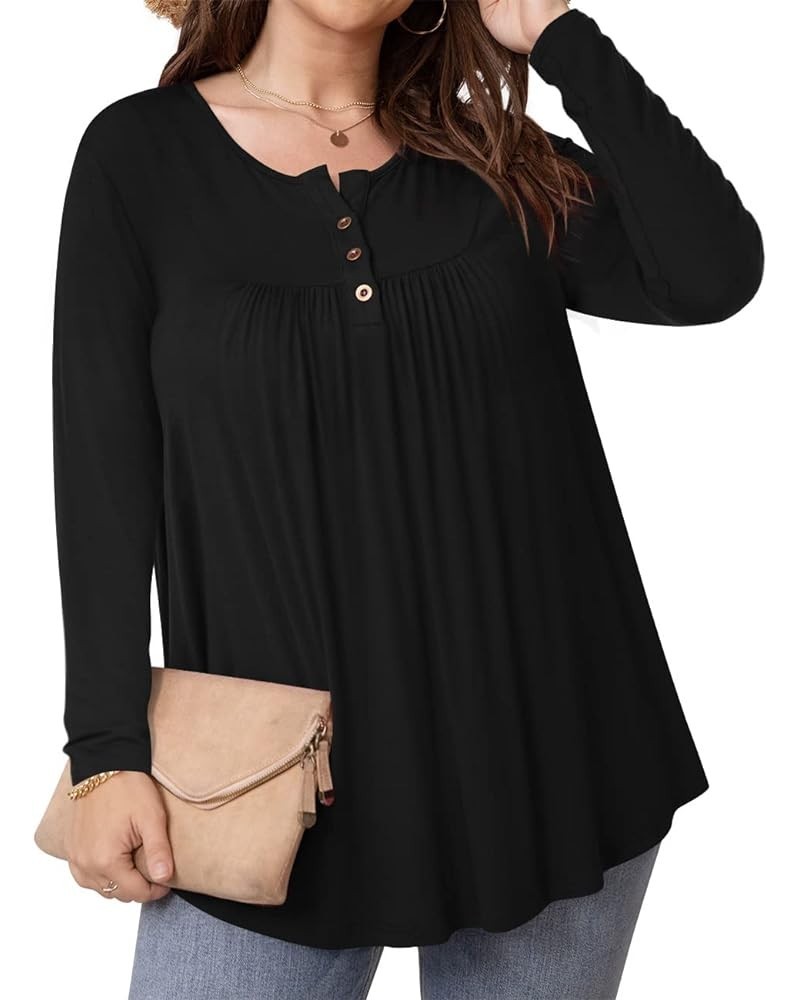 Women's Plus Size Tunic Tops Button Henley Casual T Shirts V Neck Short Sleeve Pleated Blouses Long Sleeve Black 01 $14.15 Tops