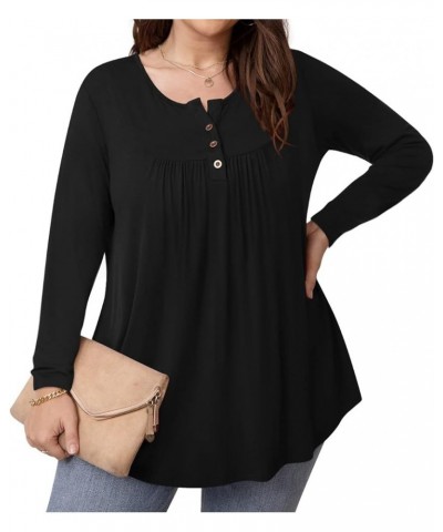 Women's Plus Size Tunic Tops Button Henley Casual T Shirts V Neck Short Sleeve Pleated Blouses Long Sleeve Black 01 $14.15 Tops