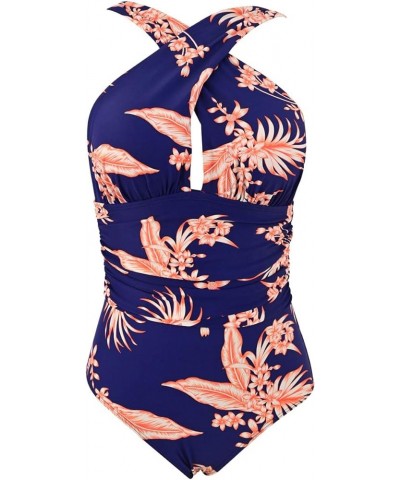 Women's Plus Size Swimsuit One Piece Tummy Control Swimwear Front Cross Backless Bathing Suit Blue Leaf $10.56 Swimsuits