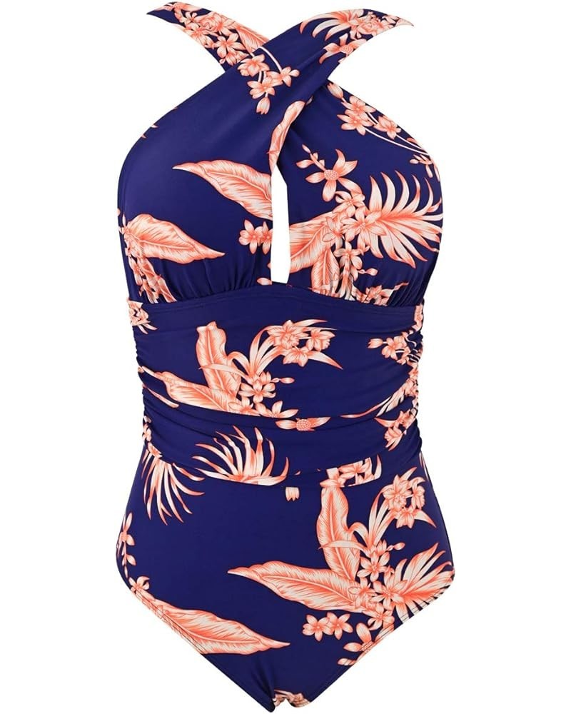 Women's Plus Size Swimsuit One Piece Tummy Control Swimwear Front Cross Backless Bathing Suit Blue Leaf $10.56 Swimsuits