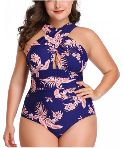 Women's Plus Size Swimsuit One Piece Tummy Control Swimwear Front Cross Backless Bathing Suit Blue Leaf $10.56 Swimsuits