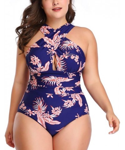 Women's Plus Size Swimsuit One Piece Tummy Control Swimwear Front Cross Backless Bathing Suit Blue Leaf $10.56 Swimsuits