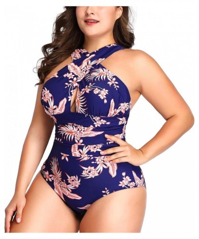 Women's Plus Size Swimsuit One Piece Tummy Control Swimwear Front Cross Backless Bathing Suit Blue Leaf $10.56 Swimsuits