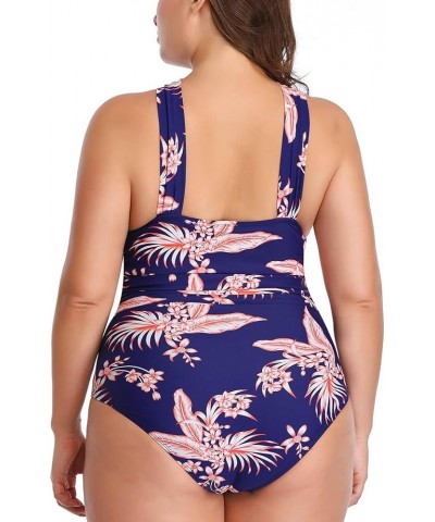 Women's Plus Size Swimsuit One Piece Tummy Control Swimwear Front Cross Backless Bathing Suit Blue Leaf $10.56 Swimsuits