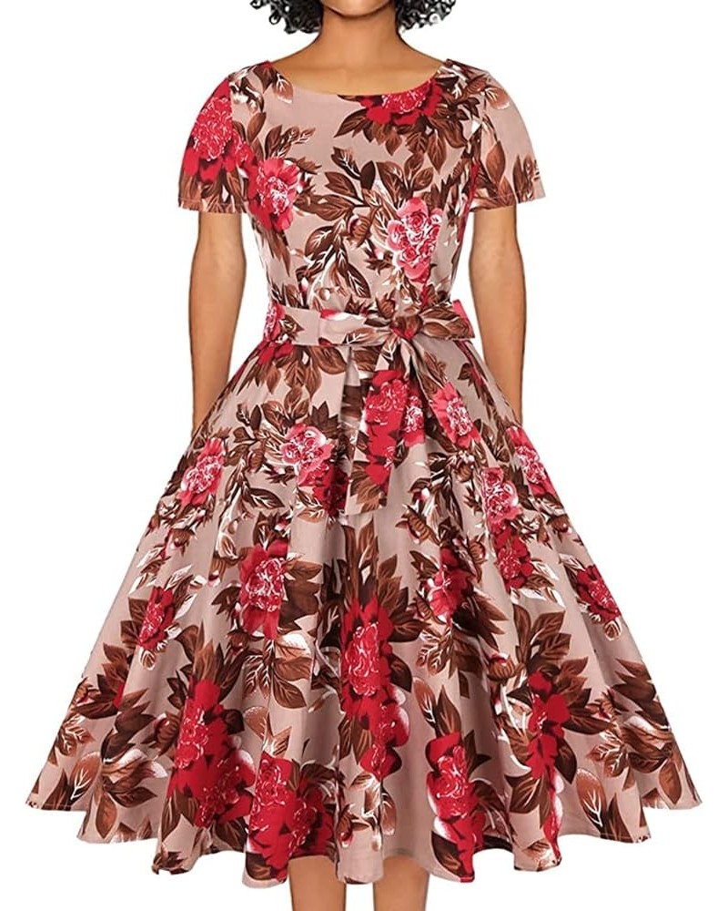 Women's 1950 Vintage Retro Rockabilly Dress Cocktail Party Prom Swing Dresses with Pockets Short Sleeve - Floral Brown Red $1...