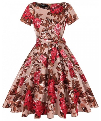 Women's 1950 Vintage Retro Rockabilly Dress Cocktail Party Prom Swing Dresses with Pockets Short Sleeve - Floral Brown Red $1...