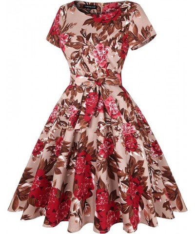 Women's 1950 Vintage Retro Rockabilly Dress Cocktail Party Prom Swing Dresses with Pockets Short Sleeve - Floral Brown Red $1...