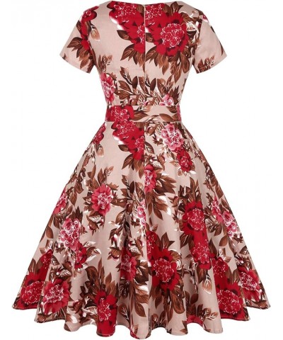 Women's 1950 Vintage Retro Rockabilly Dress Cocktail Party Prom Swing Dresses with Pockets Short Sleeve - Floral Brown Red $1...