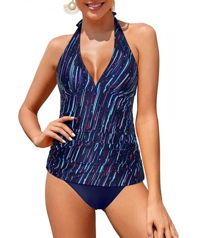 Two Piece Tankini Bathing Suits for Women Tummy Control Swimsuits Sexy V Neck Halter Tankini Top with Bikini Bottom Blue Stri...