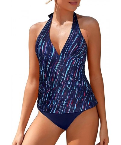 Two Piece Tankini Bathing Suits for Women Tummy Control Swimsuits Sexy V Neck Halter Tankini Top with Bikini Bottom Blue Stri...