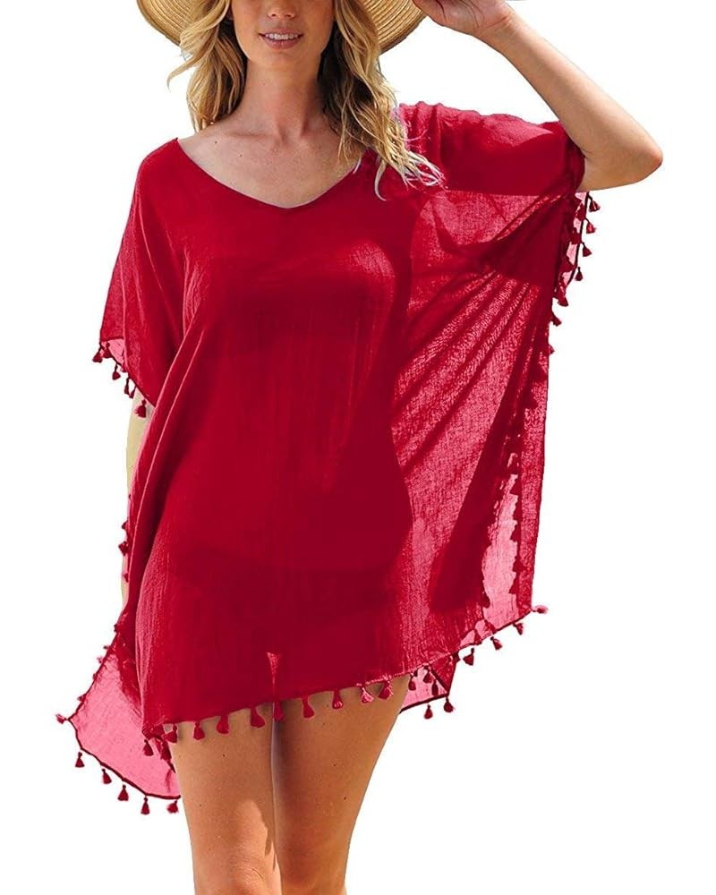 Women Swimsuit Cover Ups Beach Bathing Suit Bikini Plus Size Sexy Loose Cover-up Red $14.99 Swimsuits