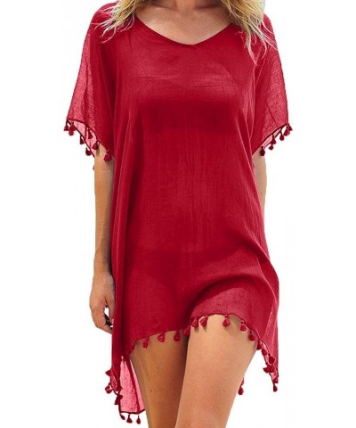 Women Swimsuit Cover Ups Beach Bathing Suit Bikini Plus Size Sexy Loose Cover-up Red $14.99 Swimsuits