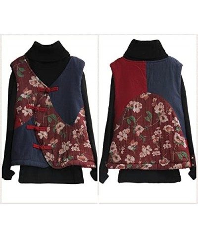 Women Vest Quilted Coat Waistcoat Floral Printed Jacket Warm Padded Winter Clothes Patchwork Outwear Dark Red $33.91 Vests