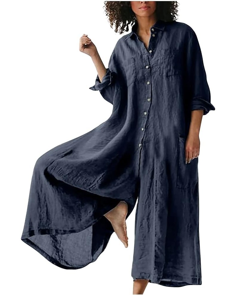 Womens 2024 Casual Summer Loose Jumpsuits Wide Leg Linen Overalls Plus Size One Piece Rompers Beach Palazzo Pants A02-navy $1...