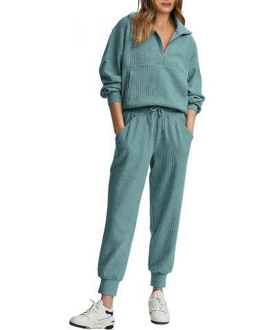 Women's 2 Piece Tracksuit Fall Outfits 2024 Long Sleeve Half Zip Sweatshirt Sweatpants Lounge Set Sweatsuits Solid Light Gree...