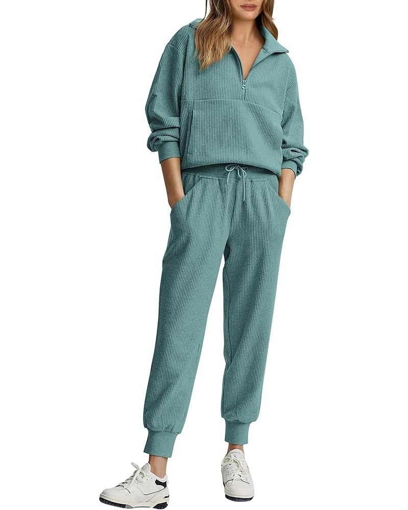 Women's 2 Piece Tracksuit Fall Outfits 2024 Long Sleeve Half Zip Sweatshirt Sweatpants Lounge Set Sweatsuits Solid Light Gree...