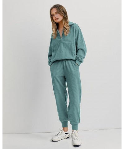 Women's 2 Piece Tracksuit Fall Outfits 2024 Long Sleeve Half Zip Sweatshirt Sweatpants Lounge Set Sweatsuits Solid Light Gree...