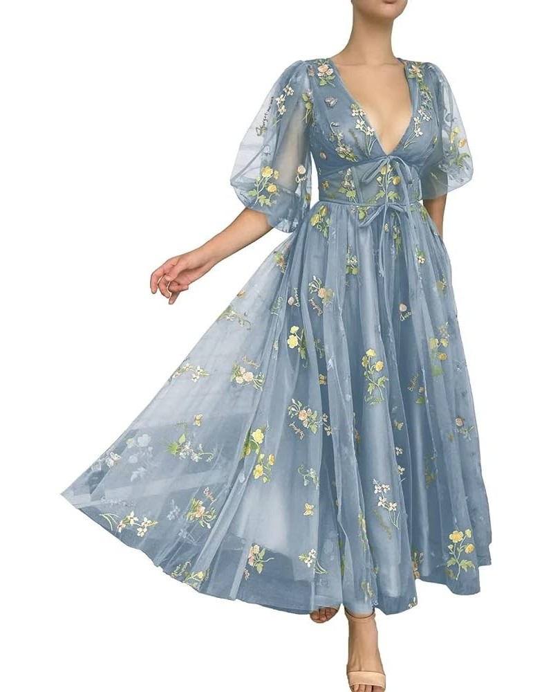 Women's Puffy Sleeve Prom Dresses Flower Embroidery Tulle Formal Evening Party Gowns Dusty Blue Half Sleeve $33.59 Dresses