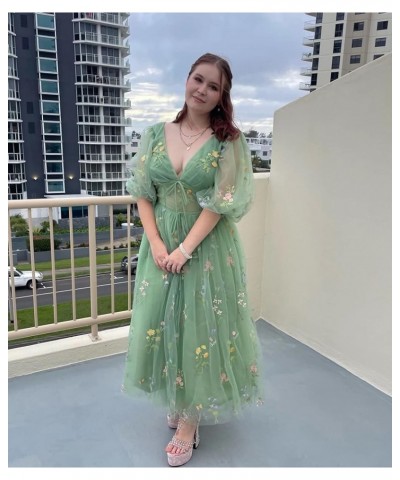 Women's Puffy Sleeve Prom Dresses Flower Embroidery Tulle Formal Evening Party Gowns Dusty Blue Half Sleeve $33.59 Dresses