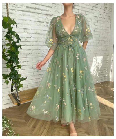 Women's Puffy Sleeve Prom Dresses Flower Embroidery Tulle Formal Evening Party Gowns Dusty Blue Half Sleeve $33.59 Dresses