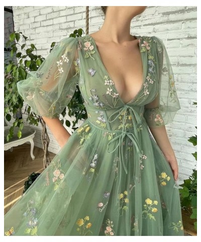 Women's Puffy Sleeve Prom Dresses Flower Embroidery Tulle Formal Evening Party Gowns Dusty Blue Half Sleeve $33.59 Dresses