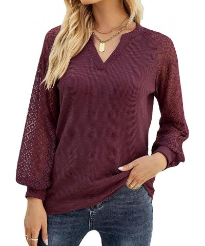 Women's Long Sleeve Tops Lace Sleeve Loose Casual Spring V Neck Waffle Knit Tunic Blouse Henley Shirts Wine Red $10.00 Tops