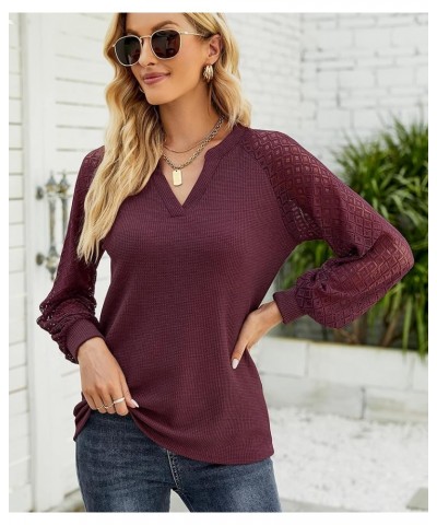 Women's Long Sleeve Tops Lace Sleeve Loose Casual Spring V Neck Waffle Knit Tunic Blouse Henley Shirts Wine Red $10.00 Tops