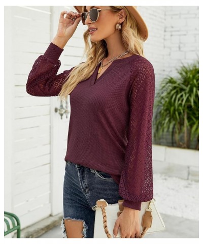 Women's Long Sleeve Tops Lace Sleeve Loose Casual Spring V Neck Waffle Knit Tunic Blouse Henley Shirts Wine Red $10.00 Tops