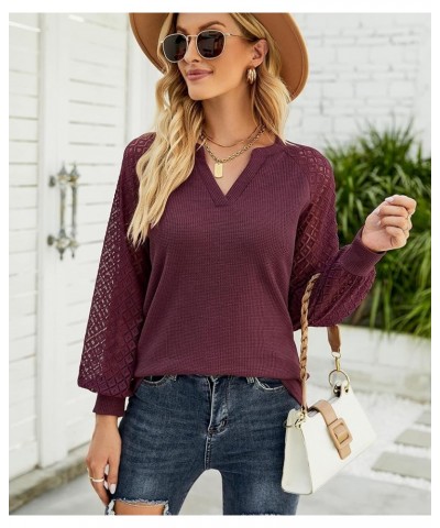 Women's Long Sleeve Tops Lace Sleeve Loose Casual Spring V Neck Waffle Knit Tunic Blouse Henley Shirts Wine Red $10.00 Tops