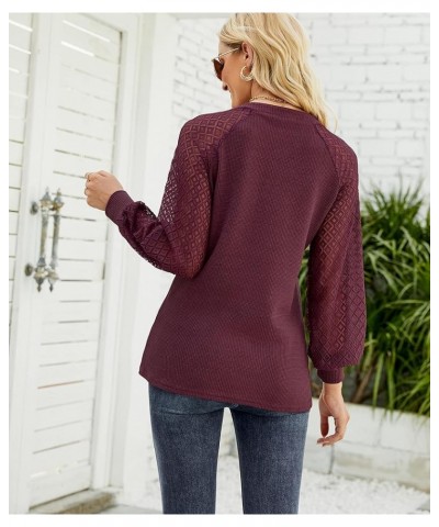 Women's Long Sleeve Tops Lace Sleeve Loose Casual Spring V Neck Waffle Knit Tunic Blouse Henley Shirts Wine Red $10.00 Tops