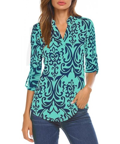 Women's Roll Up 3/4 Sleeve Floral Print V Neck Tunic Blouses Tops Shirts F-green $11.75 Tops