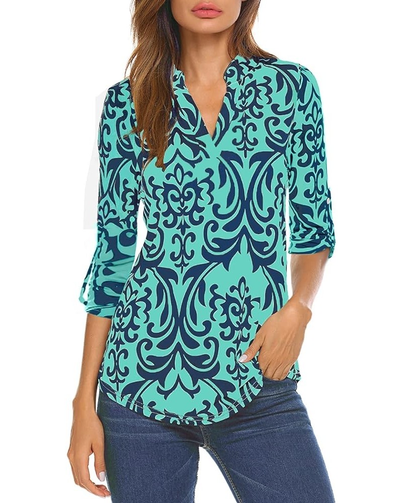 Women's Roll Up 3/4 Sleeve Floral Print V Neck Tunic Blouses Tops Shirts F-green $11.75 Tops