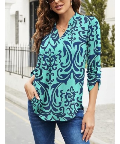 Women's Roll Up 3/4 Sleeve Floral Print V Neck Tunic Blouses Tops Shirts F-green $11.75 Tops