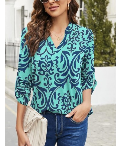 Women's Roll Up 3/4 Sleeve Floral Print V Neck Tunic Blouses Tops Shirts F-green $11.75 Tops