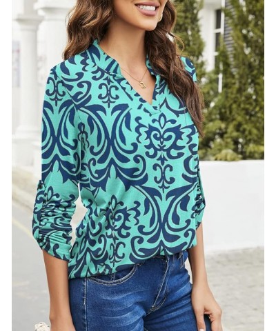 Women's Roll Up 3/4 Sleeve Floral Print V Neck Tunic Blouses Tops Shirts F-green $11.75 Tops