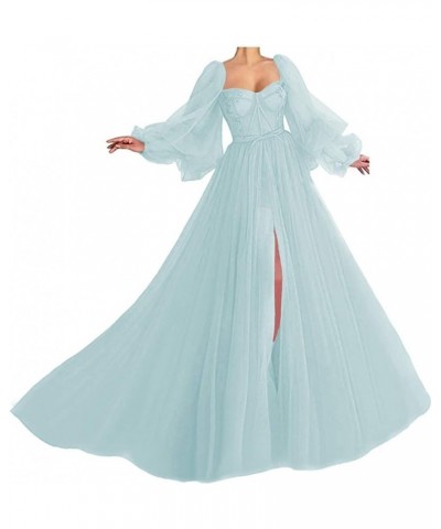 Women's Puffy Sleeves Prom Dresses Sweetheart Puffy Tulle Side Slit Aline Formal Evening Gowns with Slit YJ117 Mist Blue $31....