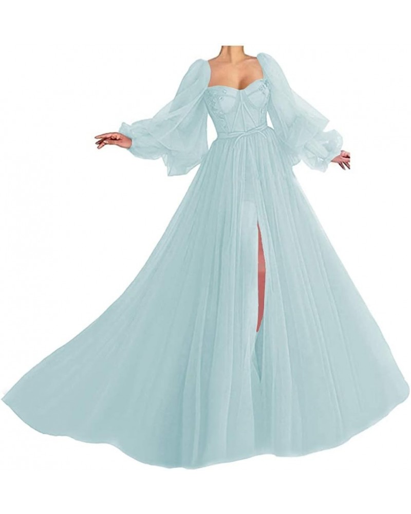 Women's Puffy Sleeves Prom Dresses Sweetheart Puffy Tulle Side Slit Aline Formal Evening Gowns with Slit YJ117 Mist Blue $31....