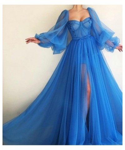 Women's Puffy Sleeves Prom Dresses Sweetheart Puffy Tulle Side Slit Aline Formal Evening Gowns with Slit YJ117 Mist Blue $31....