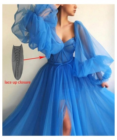 Women's Puffy Sleeves Prom Dresses Sweetheart Puffy Tulle Side Slit Aline Formal Evening Gowns with Slit YJ117 Mist Blue $31....