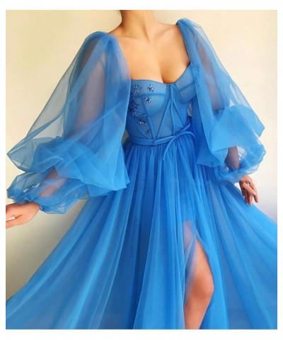 Women's Puffy Sleeves Prom Dresses Sweetheart Puffy Tulle Side Slit Aline Formal Evening Gowns with Slit YJ117 Mist Blue $31....