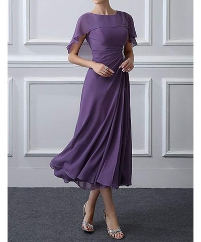 Tea Length Mother of The Bride Dresses Chiffon Evening Formal Dress Cloak Wedding Guest Groom Dress Women's Dusty Blue $51.70...