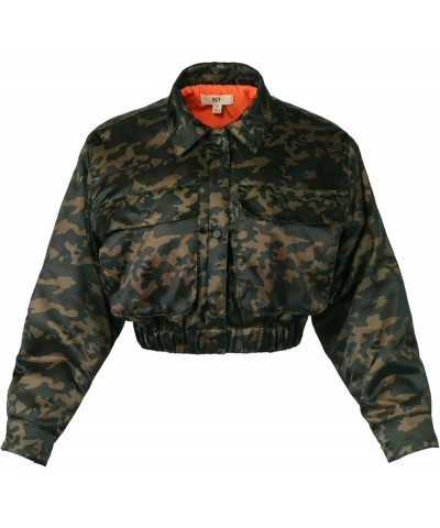 Women's Cropped Front Two Pocket Snap Quilted Padding Bomber Jacket Yawcjl0001 Camo Olive $17.55 Jackets