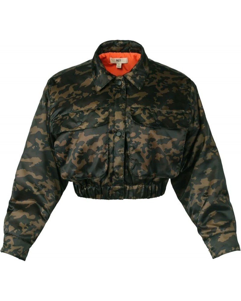 Women's Cropped Front Two Pocket Snap Quilted Padding Bomber Jacket Yawcjl0001 Camo Olive $17.55 Jackets