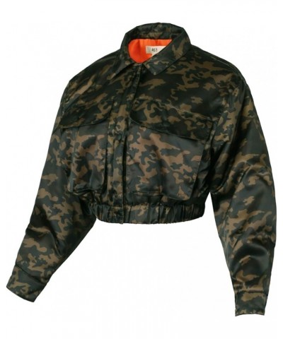 Women's Cropped Front Two Pocket Snap Quilted Padding Bomber Jacket Yawcjl0001 Camo Olive $17.55 Jackets