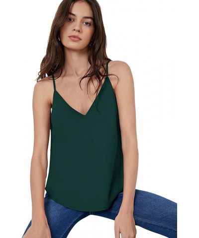 Women's Soft Solid Deep V Neck Sleeveless Spaghetti Strap Cami Tank Top Loose Chiffon Blouse Camisole Dark Green $11.50 Tanks