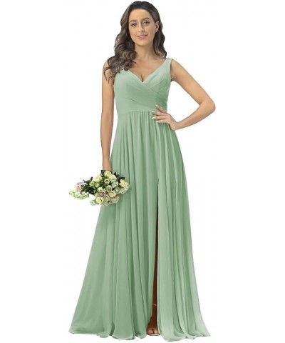 V Neck Chiffon Bridesmaid Dresses with Slit Prom Dress Long A Line Formal Evening Gown Sage Green $28.98 Dresses